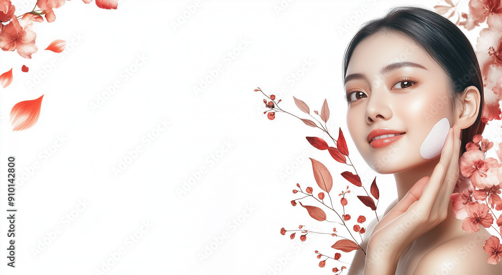 A beautiful young woman with flawless skin and a serene expression applies cream to her cheek. A beautiful young woman with flawless skin and a serene expression applies cream to her cheek.