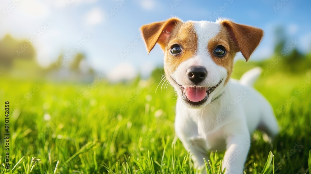 A small dog is laying in the grass and smiling A small dog is laying in the grass and smiling