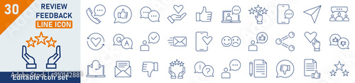 Feedback line icon set. Set of 30 outline icons related to messages, calls, rating, bubbles. Linear icon collection. Feedback review outline icons collection. Editable stroke. Vector illustration.