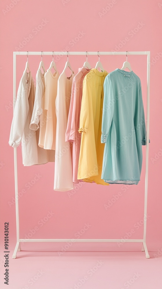 Pastel-colored dresses and shirts hanging on a white clothing rack against a soft pink background, showcasing a minimalist spring wardrobe selection. Pastel-colored dresses and shirts hanging on a white clothing rack against a soft pink background, showcasing a minimalist spring wardrobe selection.