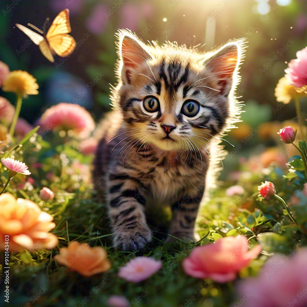 A high angle shot of a playful tabby kitten exploring a garden filled with butterflies and blooming flowers A high angle shot of a playful tabby kitten exploring a garden filled with butterflies and blooming flowers
