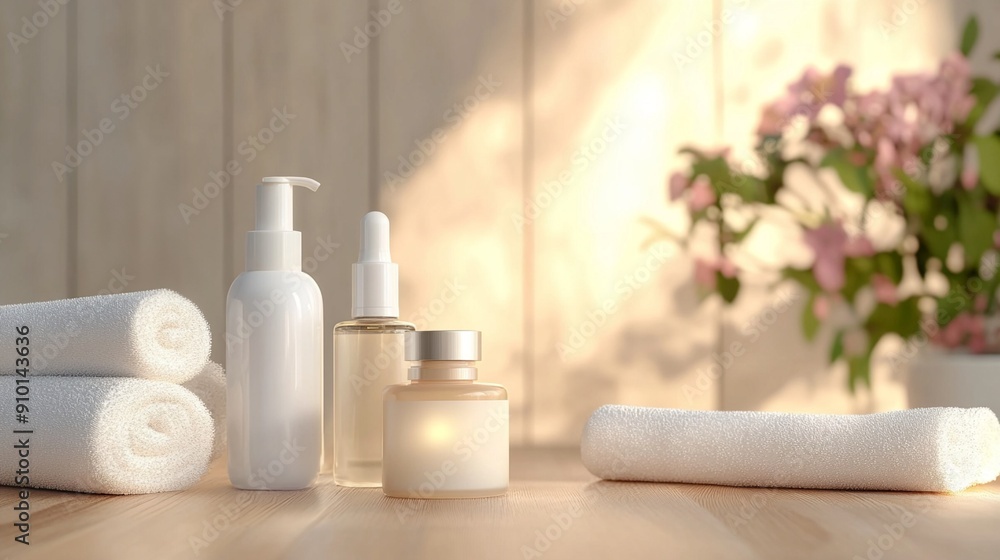 Serene spa setup with white towels, skincare bottles, and soft pink flowers on wooden surface bathed in warm sunlight, creating a tranquil beauty retreat. Serene spa setup with white towels, skincare bottles, and soft pink flowers on wooden surface bathed in warm sunlight, creating a tranquil beauty retreat.