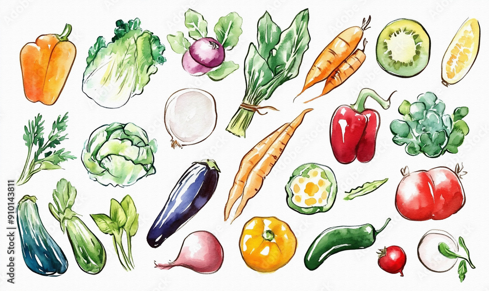 たくさんのおいしそうな野菜(かぼちゃ、トマト、なす、きゅうり、キャベツなど)の手描きで温かみのある水彩画風イラスト たくさんのおいしそうな野菜(かぼちゃ、トマト、なす、きゅうり、キャベツなど)の手描きで温かみのある水彩画風イラスト