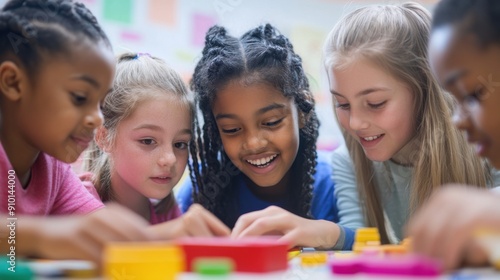 A group of elementary students participating in a hands-on math lesson, using manipulatives and interactive tools to solve problems, a teacher providing guidance and encouragement, the room filled