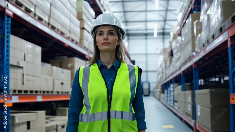 A female engineer or supervisor is walking in a warehouse. A female engineer or supervisor is walking in a warehouse.