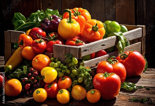vibrant array fresh produce overflowing from rustic wooden box displaying bounty colorful fruits vegetables, abundance, apples, asparagus, basket, berries