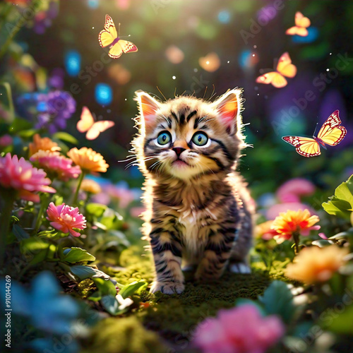 A high angle shot of a playful tabby kitten exploring a garden filled with butterflies and blooming flowers