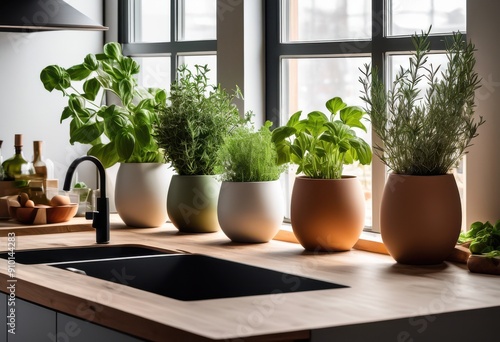 modern kitchen herb display featuring stylish pots fresh greenery contemporary setting, indoor, decor, design, arrangement, plant, foliage, vibrant, home