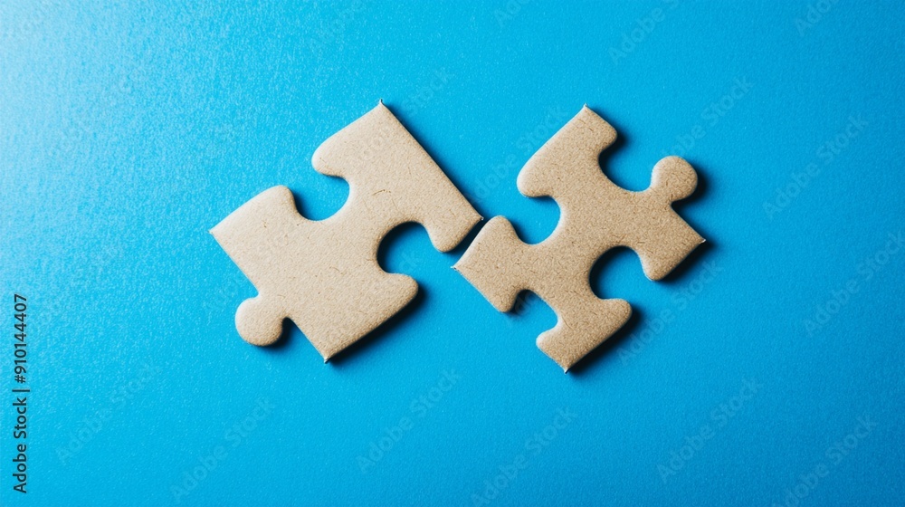 Two interlocking puzzle pieces on a vibrant blue background, symbolizing connection, problem-solving, and teamwork in business or personal relationships. Two interlocking puzzle pieces on a vibrant blue background, symbolizing connection, problem-solving, and teamwork in business or personal relationships.