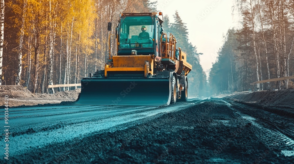 A heavy construction vehicle paves a newly constructed road surrounded by trees with autumn leaves, illuminated by the soft light of early morning A heavy construction vehicle paves a newly constructed road surrounded by trees with autumn leaves, illuminated by the soft light of early morning