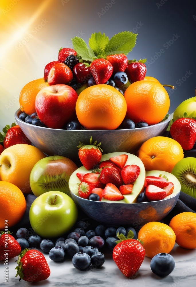 vibrant arrangement fresh fruits polished marble surface bright colors textures highlighting natural beauty, apples, oranges, bananas, grapes, berries, kiwi vibrant arrangement fresh fruits polished marble surface bright colors textures highlighting natural beauty, apples, oranges, bananas, grapes, berries, kiwi