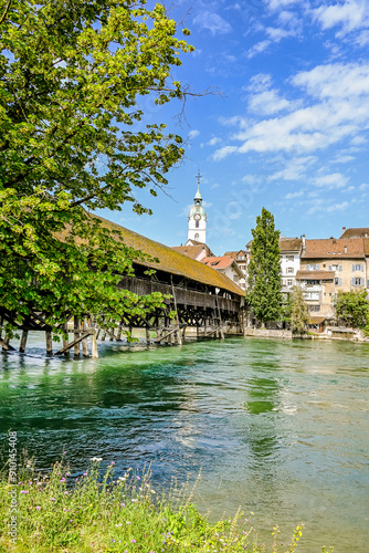 Olten, Stadt, Stadtturm, Aare, Fluss, Alte Brücke, Holzbrücke, Altstadt, Aareufer, historische Häuser, Sommer, Sommersonne, Sommertag, Solothurn, Schweiz photo