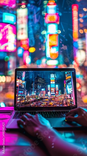 Vibrant Times Square nightscape reflected on laptop screen, blending digital and physical realms in a dazzling display of urban energy and technology. photo