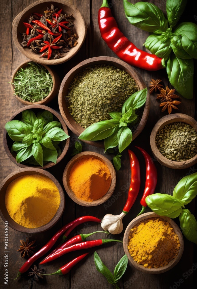 vibrant blend fragrant herbs spices showcasing colorful red ingredients rustic setting, fragrance, green, yellow, aroma, seasoning, culinary, fresh, organic vibrant blend fragrant herbs spices showcasing colorful red ingredients rustic setting, fragrance, green, yellow, aroma, seasoning, culinary, fresh, organic