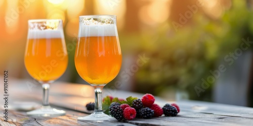Refreshing Beer Glasses With Berries Against a Sunset Background in a Garden