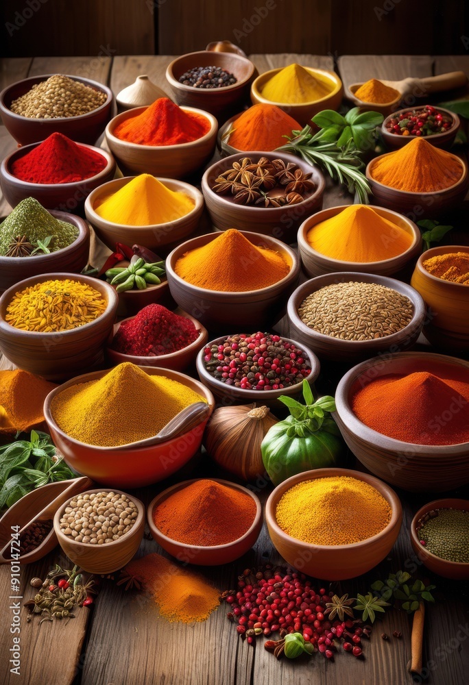 vibrant display diverse spices grains colorful bowls rustic wooden table, herb, seasoning, ingredient, cuisine, aroma, flavor, assortment, culinary vibrant display diverse spices grains colorful bowls rustic wooden table, herb, seasoning, ingredient, cuisine, aroma, flavor, assortment, culinary