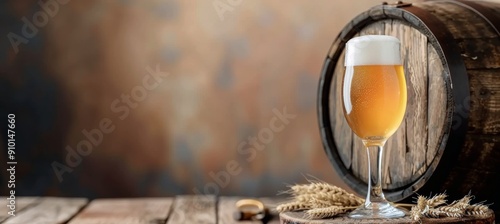 Refreshing Glass of Beer on Wooden Table With Barrels in Background at Sunset