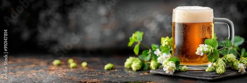Refreshing Golden Beer in a Frosted Mug With Hops and Barley on Dark Background