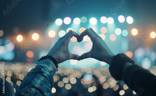 Hands Forming Heart Gesture at a Concert in Vibrant Night Lights