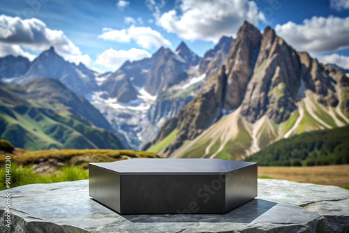 3d black podium with mountains in the background