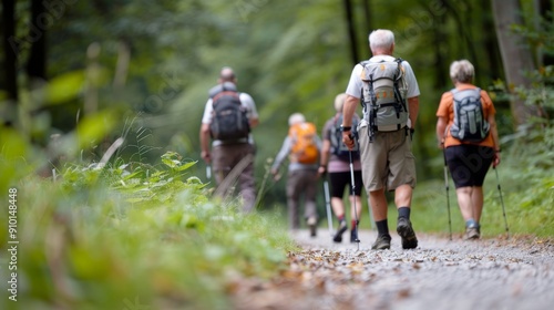 Hiking Trail Through Lush Forest in Morning Fog With Adventurers