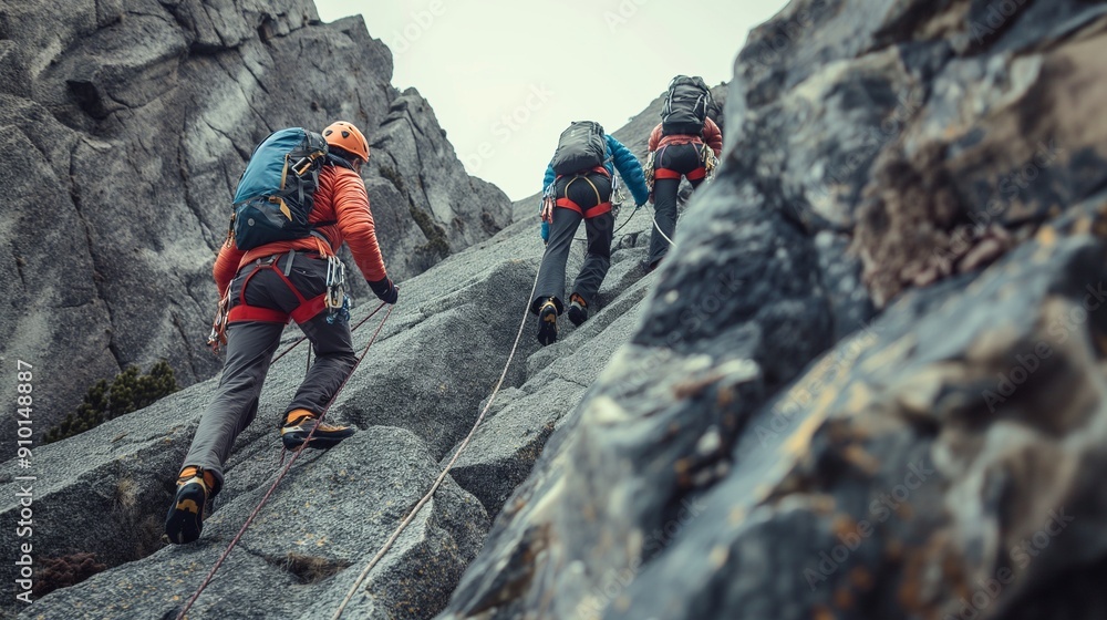 team of mountaineers climbing a steep rock face with ropes team of mountaineers climbing a steep rock face with ropes