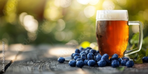Refreshing Beer With Fresh Blueberries on a Rustic Wooden Table in Summer Sun...