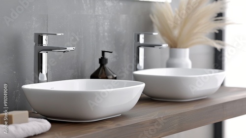 Modern Bathroom Design With White Square Sink Basins and Sleek Faucets