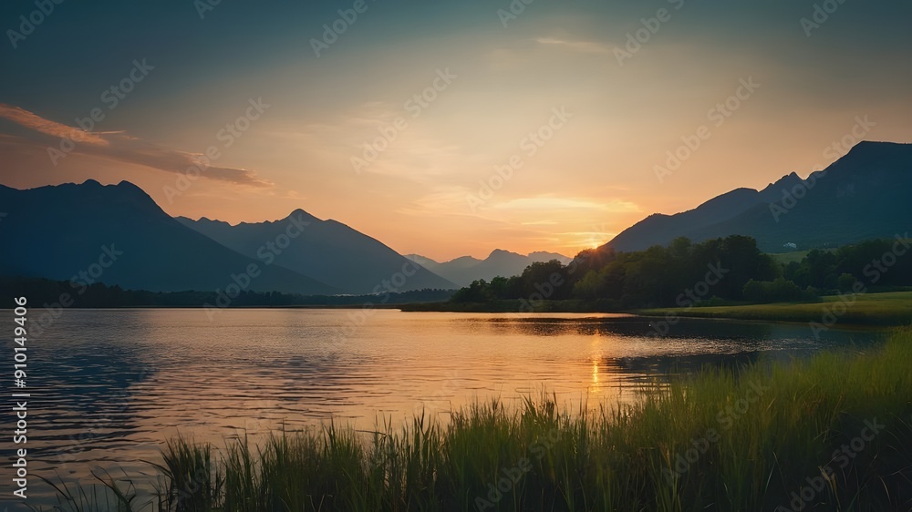 sunset over the lake. Serene landscape with mountains and lake at sunset. sunset over the lake. Serene landscape with mountains and lake at sunset.
