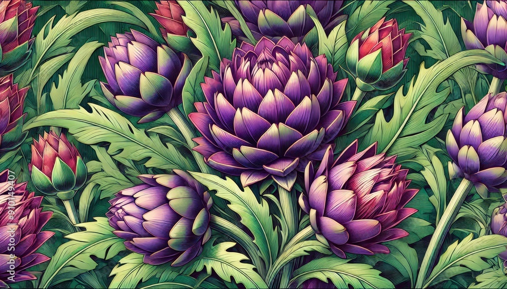 Fototapeta premium Colorful artichoke flowers in shades of purple and green create a lively garden display, showcasing their intricate forms amidst rich green foliage