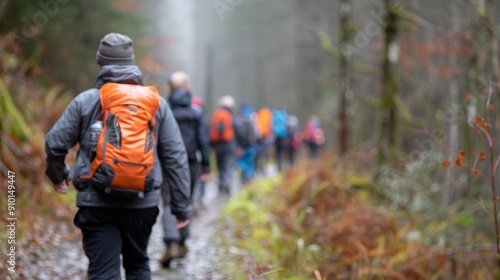 Hiking Trail Through Lush Forest in Morning Fog With Adventurers