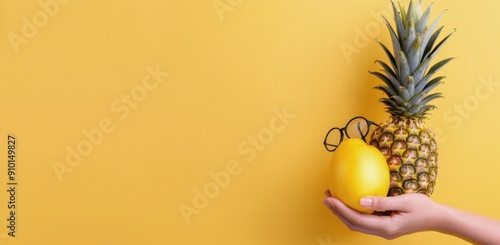 Pineapple and Lemon With Glasses Against Yellow Background