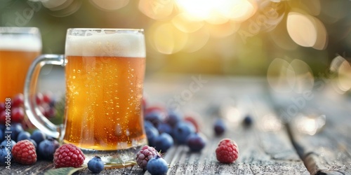 Refreshing Beers With Berries on a Wooden Table in the Late Afternoon Sun