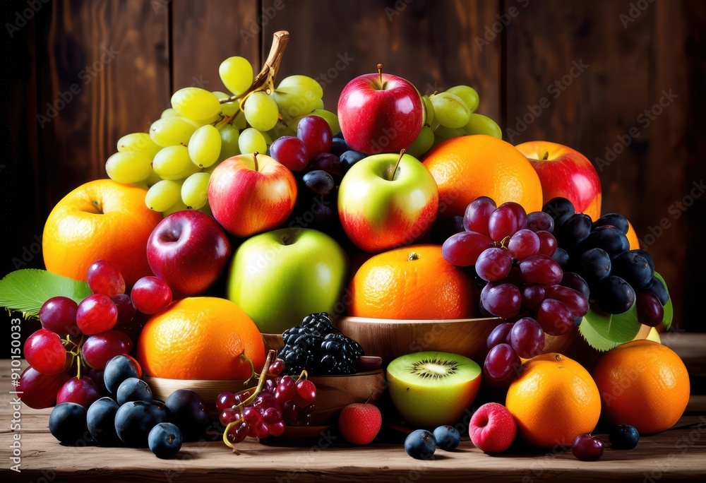 bright vibrant arrangement fresh colorful fruits natural wood background showcasing their freshness variety, apples, oranges, bananas, berries, grapes bright vibrant arrangement fresh colorful fruits natural wood background showcasing their freshness variety, apples, oranges, bananas, berries, grapes