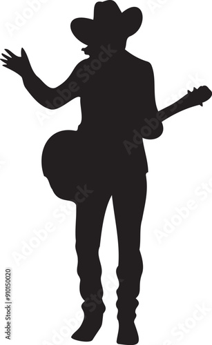 Silhouette of country singer playing guitar on transparent background