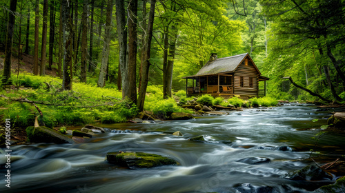 A serene wooden cabin by a flowing stream, surrounded by lush greenery and tranquil forest.