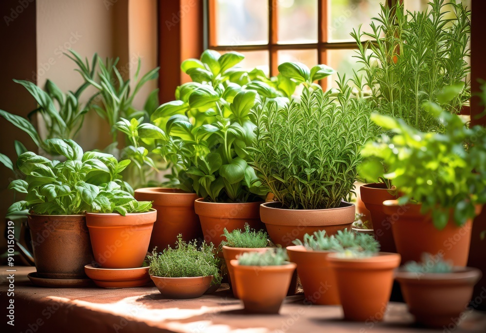 Fototapeta premium vibrant display freshly grown herbs colorful container arrangement home garden decoration, plant, green, aromatic, nature, growth, organic, leaf, bouquet