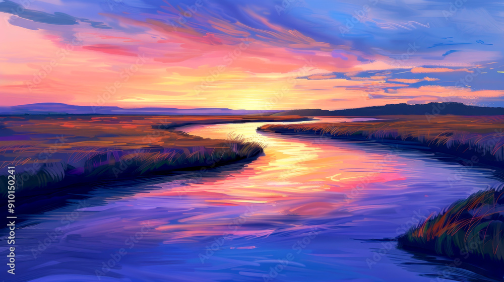 A vibrant sunset over a serene river, with colorful skies reflecting on the water, showcasing nature's beauty and tranquility. A vibrant sunset over a serene river, with colorful skies reflecting on the water, showcasing nature's beauty and tranquility.
