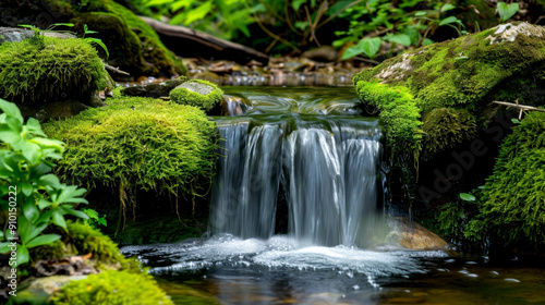 A tranquil waterfall surrounded by lush green moss and vibrant foliage, capturing the serenity of nature in perfect harmony.