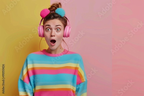 Young Woman in Colorful Sweater Surprised With Headphones Against Pink Polka-...
