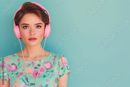 Surprised Young Woman in Floral Dress and Pink Headphones Against Blue Backgr...