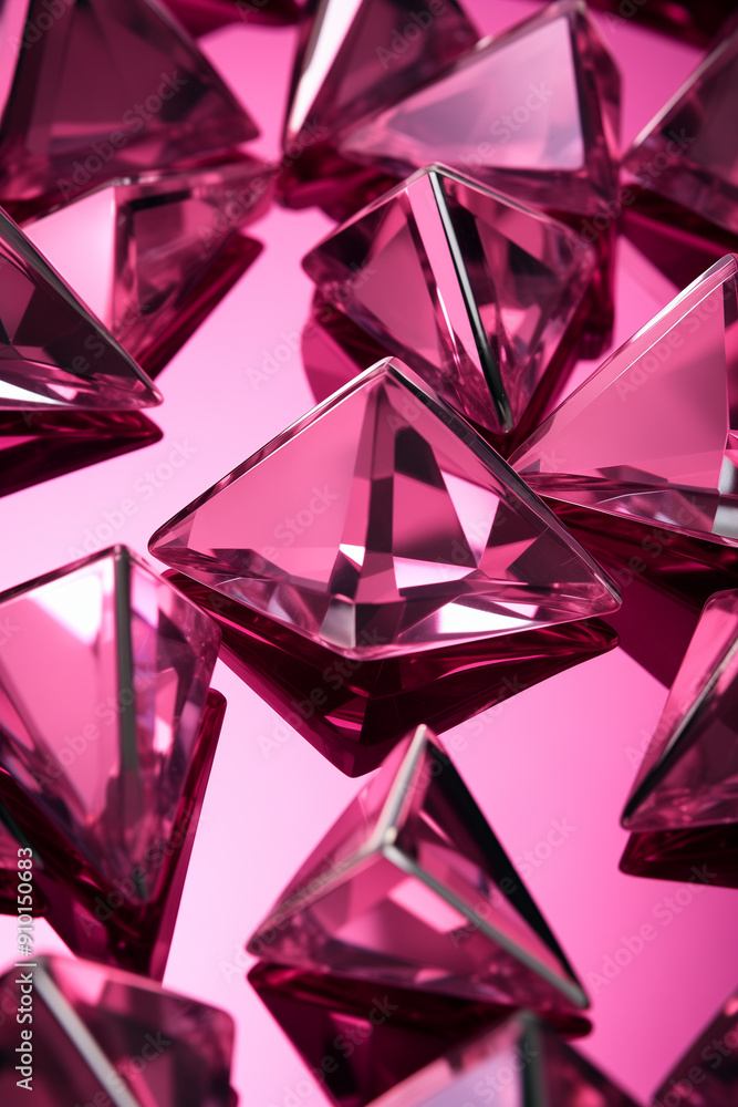 Pyramid shaped decorative elements scattered on a pink background. Abstract backdrop with shiny translucent crystals. AI-generated Pyramid shaped decorative elements scattered on a pink background. Abstract backdrop with shiny translucent crystals. AI-generated