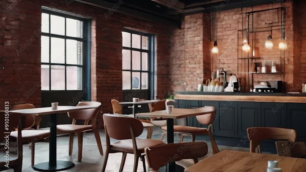 Industrial Chic Cafe Interior with Exposed Brick Wall, Wooden Tables, and Pendant Lighting Industrial Chic Cafe Interior with Exposed Brick Wall, Wooden Tables, and Pendant Lighting