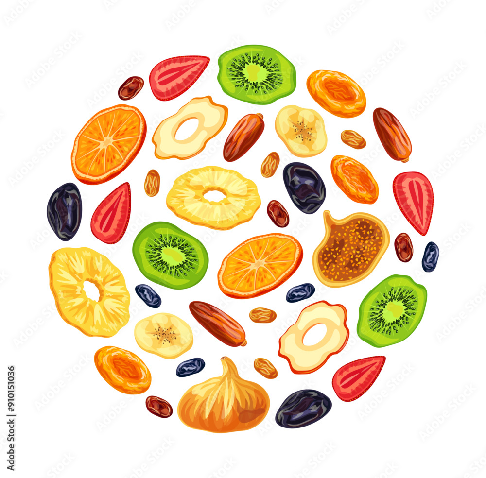 Dried fruits in the shape of a circle in a cartoon style. Vector illustrations:pineapple,dried apricots,raisins,apples,kiwi,orange,strawberry, banana, prune, fig, date isolated on white background. Dried fruits in the shape of a circle in a cartoon style. Vector illustrations:pineapple,dried apricots,raisins,apples,kiwi,orange,strawberry, banana, prune, fig, date isolated on white background.