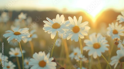 Daisies Blooming in a Sunlit Field at Sunset