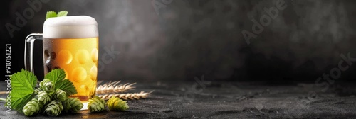 Refreshing Golden Beer in a Frosted Mug With Hops and Barley on Dark Background