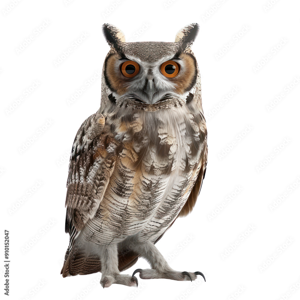Fototapeta premium A large owl with bright orange eyes stands on a white background, 3D illustration, Halloween, Clipart, 3d render, isolate on a transparent background.