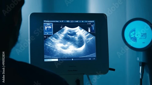 A healthcare professional performs an ultrasound examination, revealing a developing fetus on the monitor in a tranquil medical environment