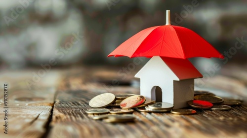 Wallpaper Mural Model of umbrella with house and coins on wooden table concept of the system of insurance savings and the cost of health insurance  Torontodigital.ca