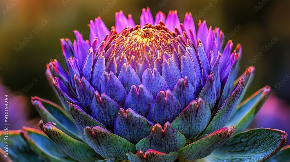 A stunning artichoke flower displays vibrant purple petals, illuminated by soft morning light in a serene garden setting A stunning artichoke flower displays vibrant purple petals, illuminated by soft morning light in a serene garden setting